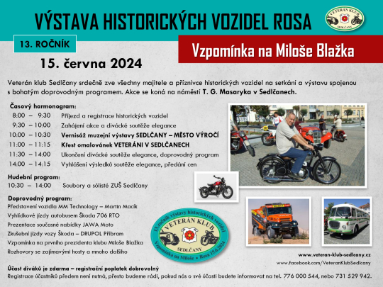 Pozvánka na 13. ročník výstavy historických vozidel Rosa, 15.6.2024